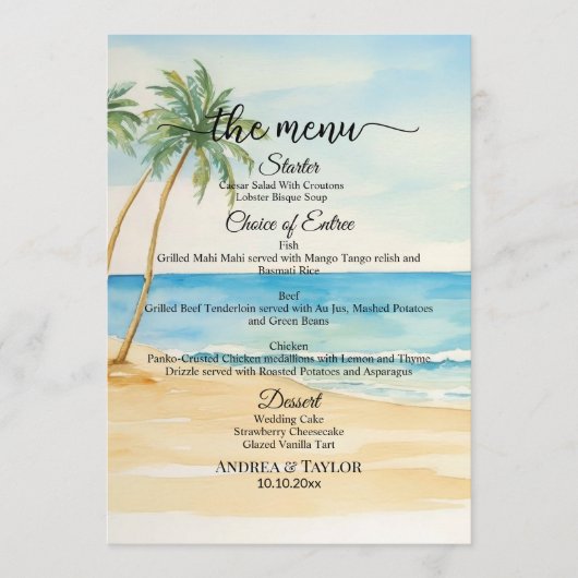 Watercolor Beach and Palm Trees Wedding Menu (Voorkant)