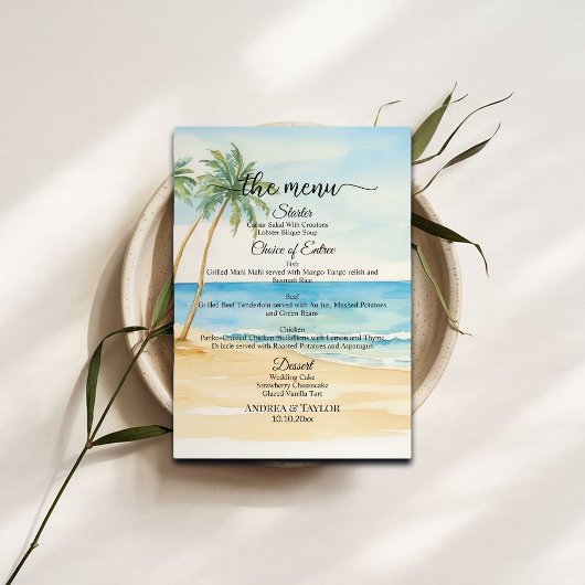 Watercolor Beach and Palm Trees Wedding Menu