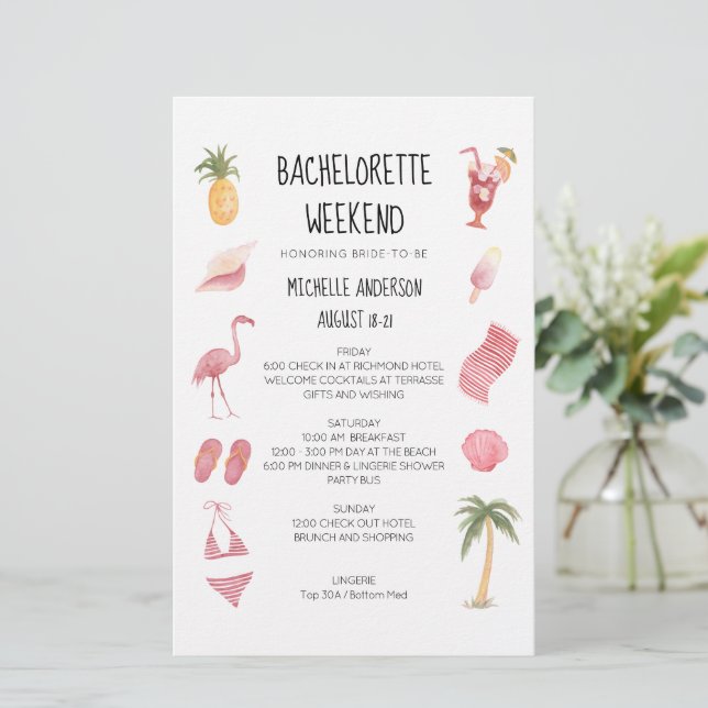 Watercolor Beach Bachelorette Weekend Itinerarium (Staand voorkant)
