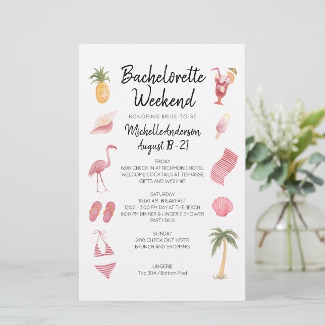Watercolor Beach Bachelorette Weekend Itinerarium (Staand voorkant)