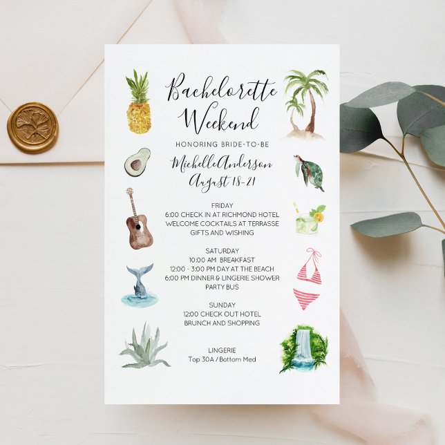 Watercolor Beach Bachelorette Weekend Itinerarium (Watercolor Beach Bachelorette Weekend Itinerary)