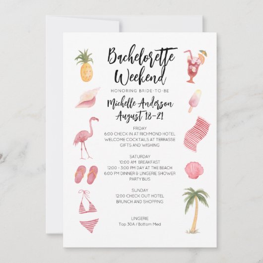 Watercolor Beach Bachelorette Weekend Itinerarium Kaart (Voorkant)