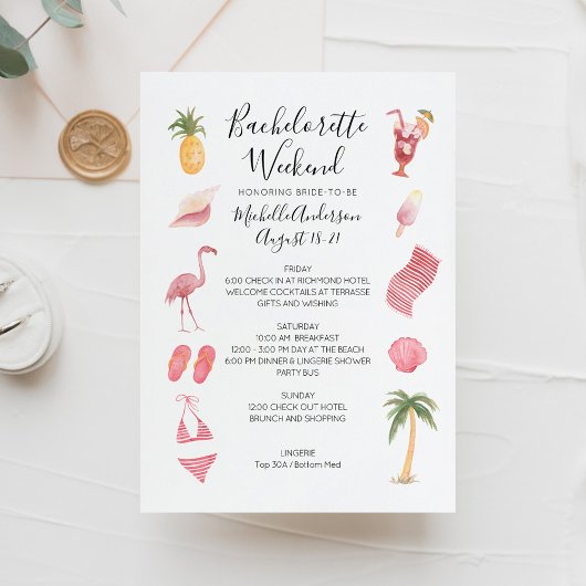 Watercolor Beach Bachelorette Weekend Itinerarium Kaart