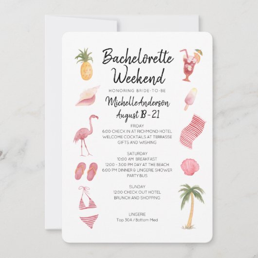 Watercolor Beach Bachelorette Weekend Itinerarium Kaart (Voorkant)