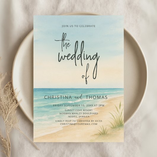 Watercolor Beach Coastal Wedding Kaart