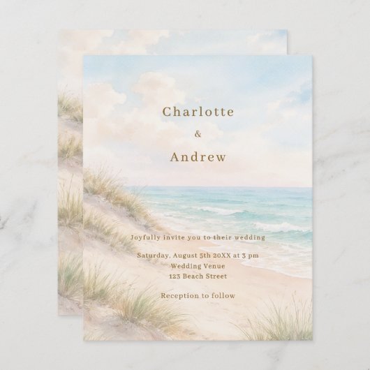 Watercolor beach coatal modern wedding invitation (Voorkant / Achterkant)