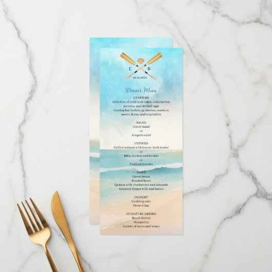 Watercolor Beach Oars Wedding Menu (Voorkant / Achterkant in situ)