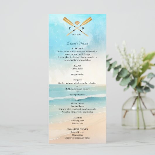 Watercolor Beach Oars Wedding Menu (Staand voorkant)