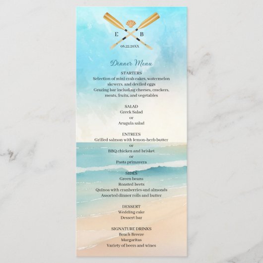 Watercolor Beach Oars Wedding Menu (Voorkant)