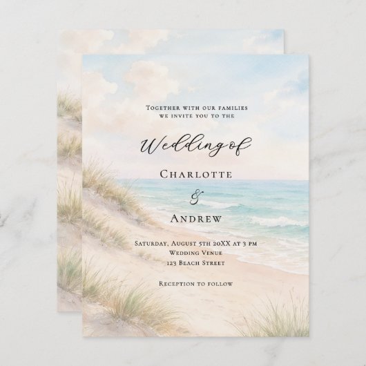 Watercolor beach sand dunes wedding invitation (Voorkant / Achterkant)