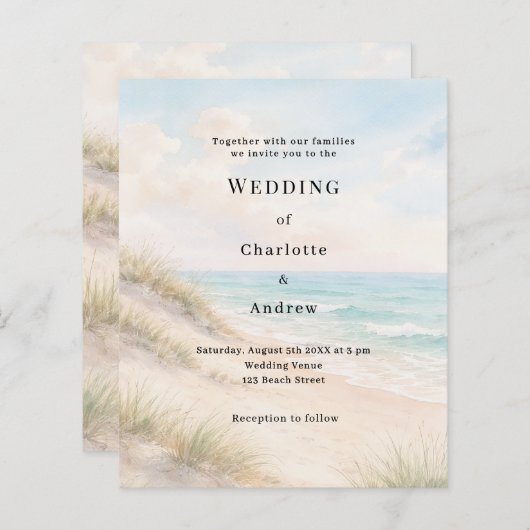 Watercolor beach sand dunes wedding invitation (Voorkant / Achterkant)