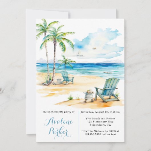 Watercolor Beach Scene Bachelorette Party Invitati Kaart (Voorkant)