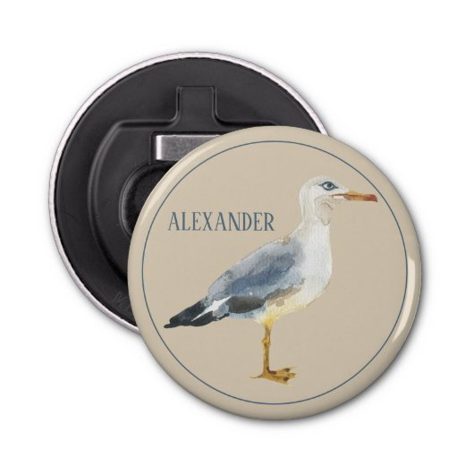 Watercolor Beach Seagull Personalized Button Flesopener (Voorkant)