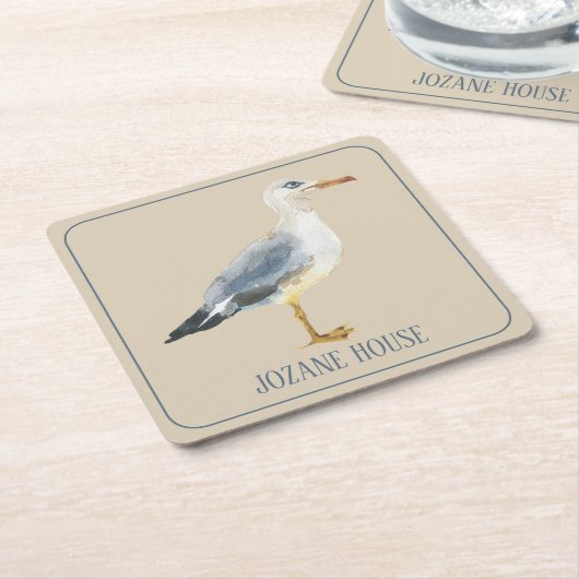 Watercolor Beach Seagull Personalized Kartonnen Onderzetters (Schuin)