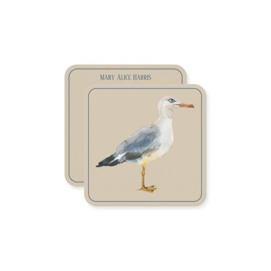 Watercolor Beach Seagull Personalized Notitiekaartje (Voorkant / Achterkant in situ)