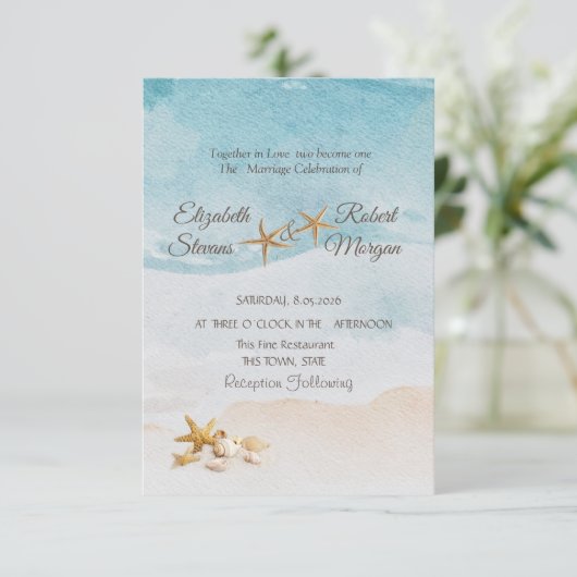 Watercolor Beach Seashells Sand Wedding  Kaart (Staand voorkant)