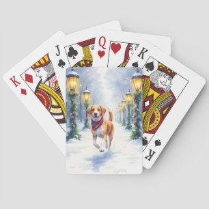 Watercolor Beagle Besneeuwd Park Kerst Vakantie Pokerkaarten