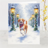 Watercolor Beagle Sneeuwpark Kerstvakantie Kaart (Gele Bloem)