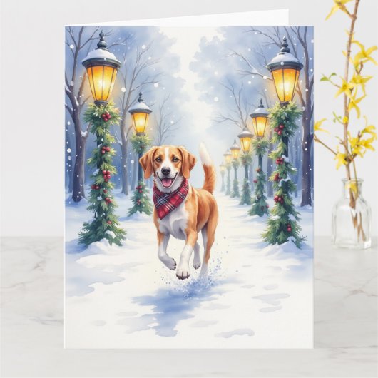 Watercolor Beagle Sneeuwpark Kerstvakantie Kaart (Gele Bloem)