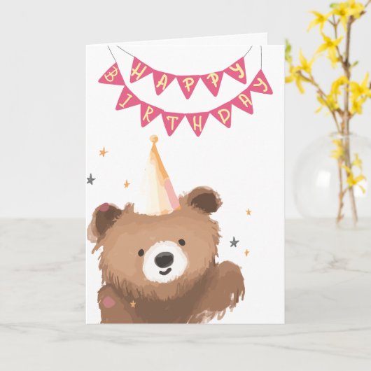 Watercolor Bear Birthday Greeting Kaart (Gele Bloem)