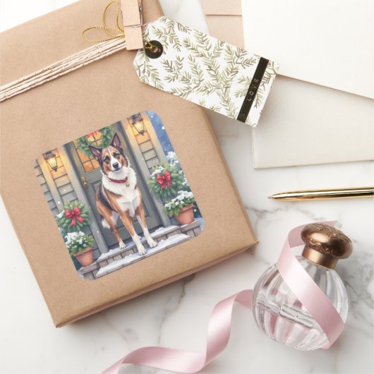 Watercolor Beauceron Rustic Porch Christmas Vierkante Sticker (Geschenken)