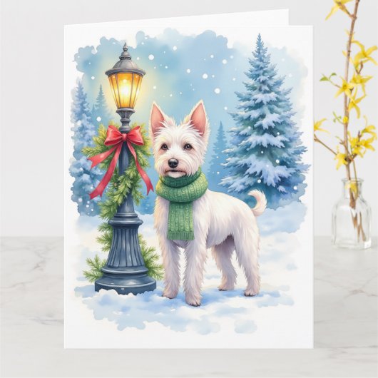Watercolor Bedlington Terrier Lamppost Christmas Kaart (Gele Bloem)
