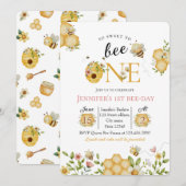 Watercolor Bee First Birthday Invitation Kaart (Voorkant / Achterkant)