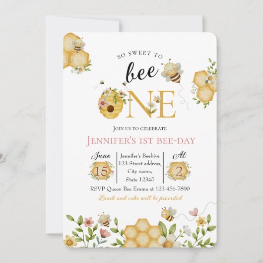 Watercolor Bee First Birthday Invitation Kaart (Voorkant)