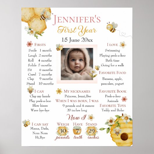 Watercolor Bee First Birthday Milestone Poster (Voorkant)