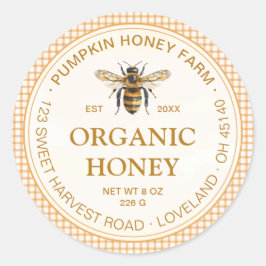 Watercolor Bee Orange Plaid Border Honey Jar Ronde Sticker