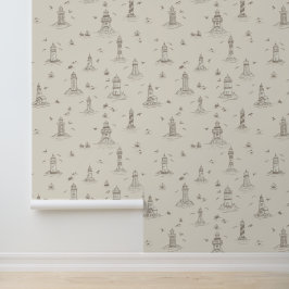 Watercolor Beige Vuurtoren Kust Toile Behang