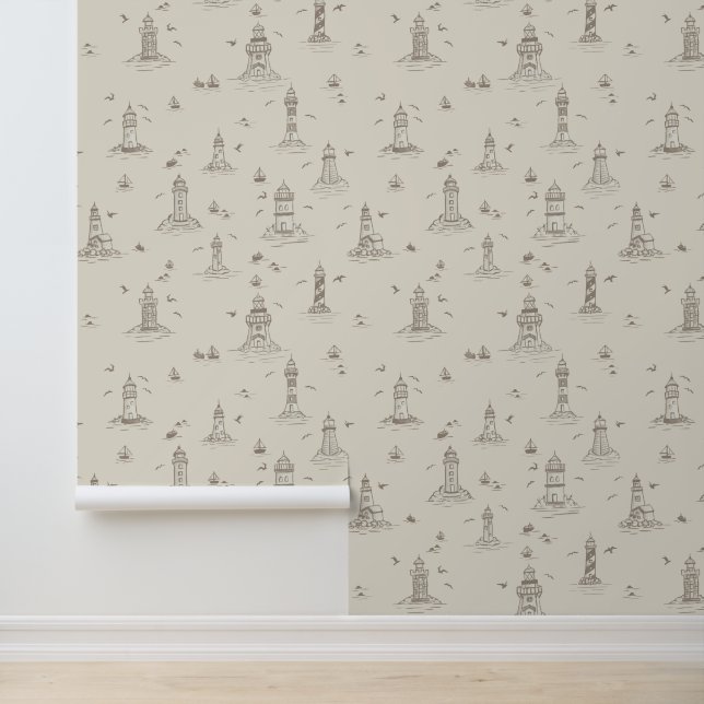 Watercolor Beige Vuurtoren Kust Toile Behang (Applicatie)