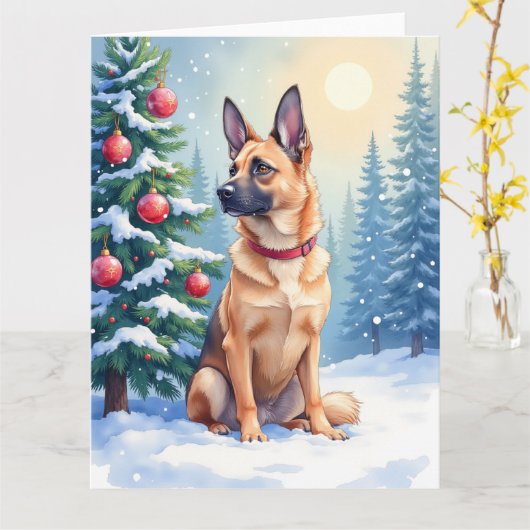 Watercolor Belgian Malinois Evergreen Christmas Kaart (Gele Bloem)