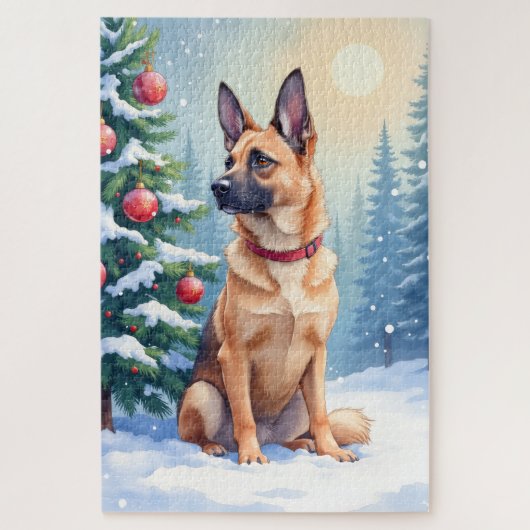 Watercolor Belgian Malinois Evergreen Christmas Legpuzzel (Verticaal)