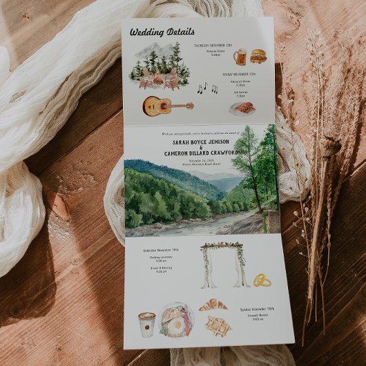 Watercolor Berg Bruiloft Tri-Fold Uitnodiging