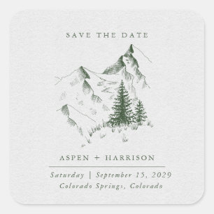 Watercolor Berg Dennenbos Save The Date Kaart Vierkante Sticker