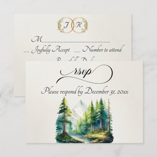 Watercolor Berg & Monogram RSVP Kaartje (Voorkant / Achterkant)