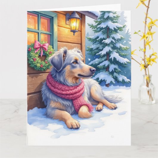 Watercolor Bergamasco Shepherd Cabin Christmas Kaart (Gele Bloem)