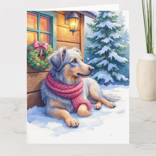 Watercolor Bergamasco Shepherd Cabin Christmas Kaart (Voorkant)