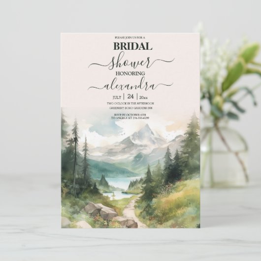 Watercolor Bergen En Dennenbos Bruidsdouche Kaart (Staand voorkant)