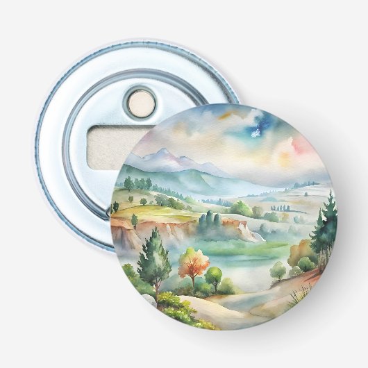 Watercolor berglandschap button flesopener (Voorkant)