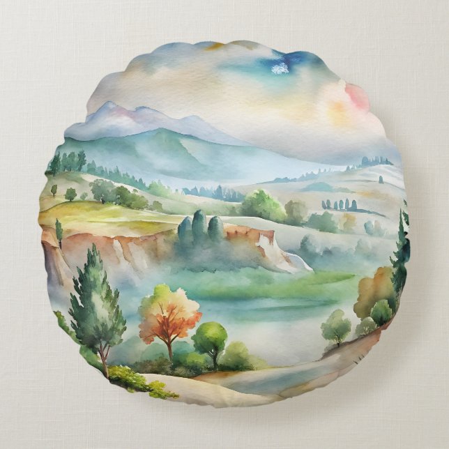 Watercolor berglandschap rond kussen (Voorkant)