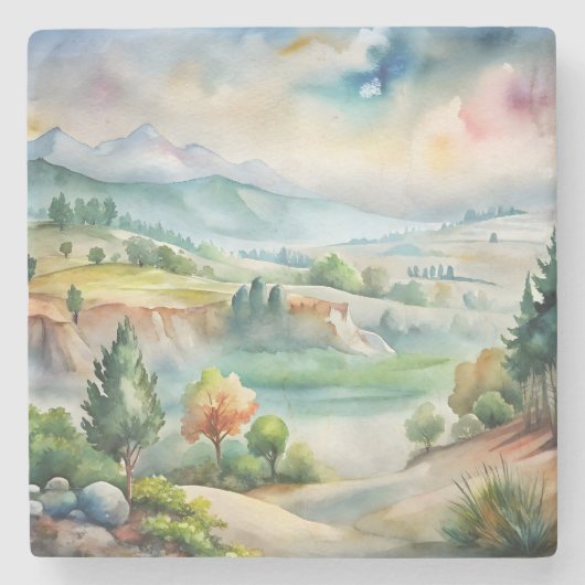 Watercolor berglandschap stenen onderzetter (Voorkant)