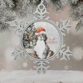 Watercolor Bernese Mountain Dog Merry Christmas Tin Sneeuwvlok Ornament