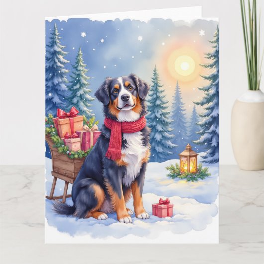 Watercolor Bernese Mountain Dog Sleigh Christmas Kaart (Voorkant)