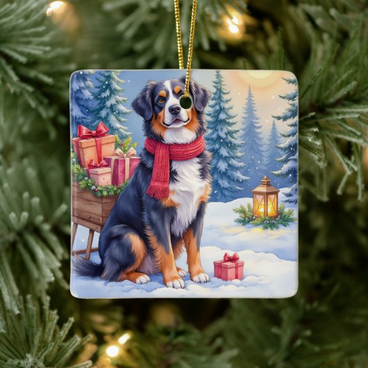 Watercolor Bernese Mountain Dog Sleigh Christmas Keramisch Ornament (Boom)