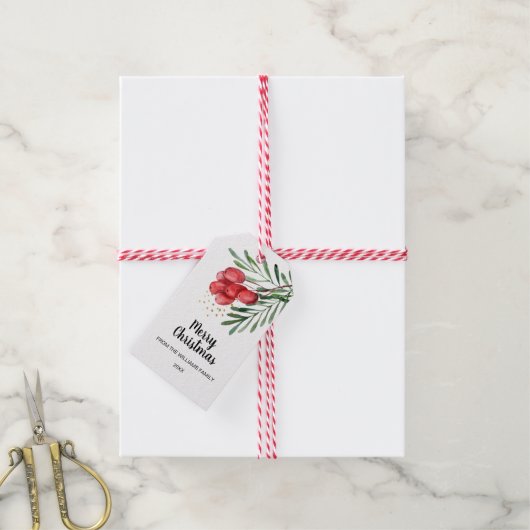 Watercolor Bes en Takken Kerst Cadeaulabel (Met Touw)