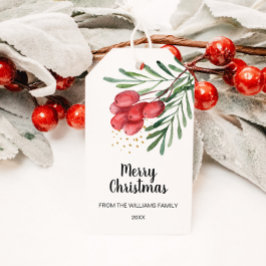 Watercolor Bes en Takken Kerst  Cadeaulabel
