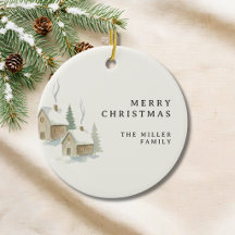 Watercolor Besneeuwd Cottage Familie Kerstmis