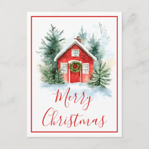 Watercolor Besneeuwd Cottage Kerstkaart Feestdagenkaart